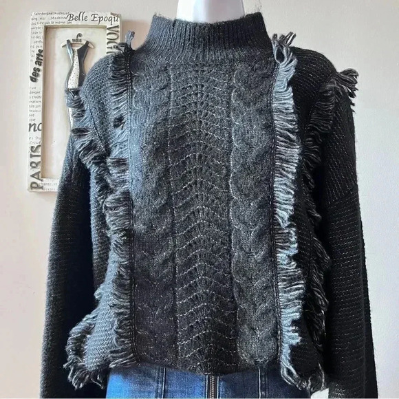 Loft Black Fringe Cable Knit Turtleneck Sweater Size L - Picture 4 of 10